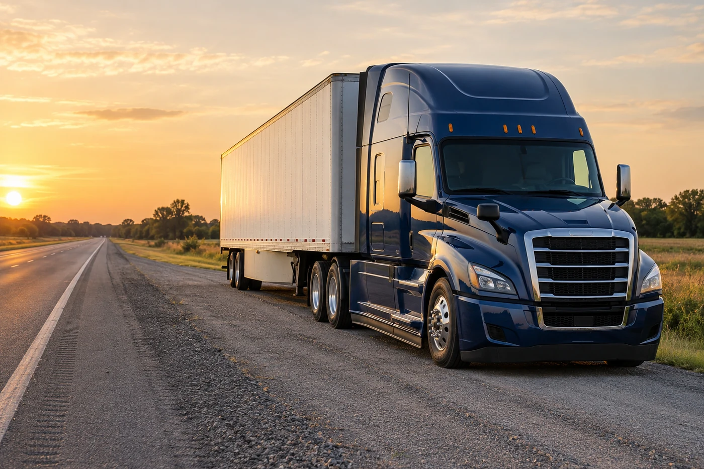 Illustration of an unbranded commercial semi and trailer beside a rural highway at sunset